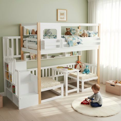 Lit superposé ,Lit enfant 90x200 cm  avec bureau escamotable rangement escalier  ,Bois massif et MDF,Blanc et Naturel