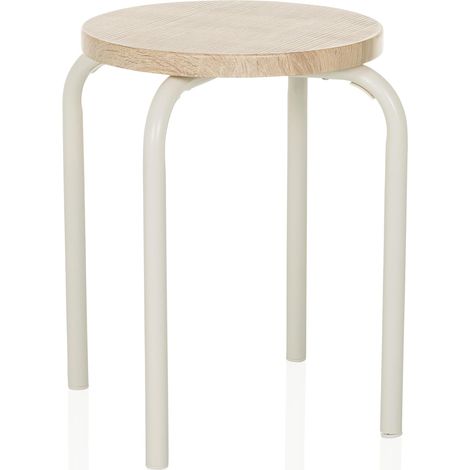 Tabouret avec Pieds en métal et Assise en Bois ALRANDA Tabouret empilable au Look Scandi, Rond, Structure Robuste en Acier, Blanc/chêne (1/5)