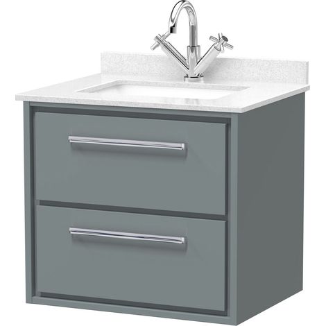 Balterley Longnor 600mm Wall Hung 2 Drawer Vanity with Marble Worktop Basin - Coastal Grey
