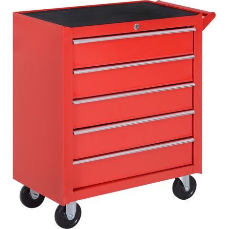 Carro de herramientas con 5 cajones, acero, rojo, con ruedas y cierre, 69 x 33 x 75 cm (1/5)