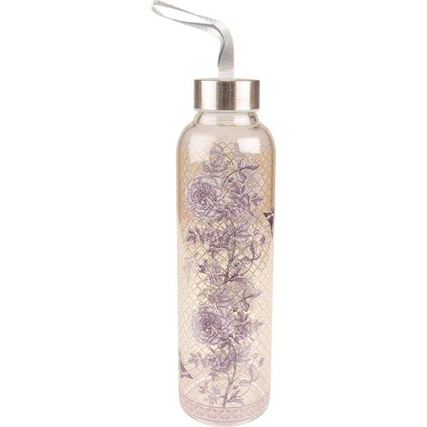 Gourde en verre borosilicate 650 ml - Bouteille d'eau avec motif fleurs violettes et bouchon inox - PANGIVO (1/2)