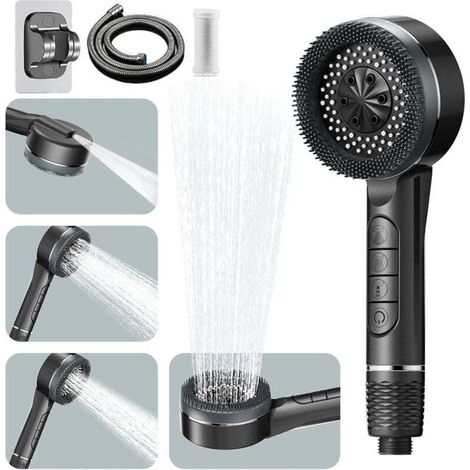 Pommeau de Douche Haute Pression, Pommeau de Duche Economie Deau avec Tuyau Douche 1.5M et Support de Douche, Pommeau Douche Anti Calcaire avec Filtre 4 Types de Jets (1/4)