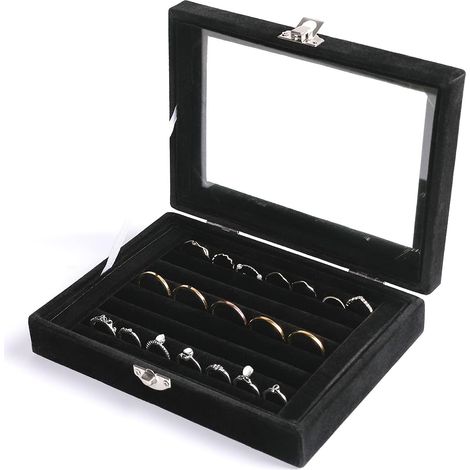 Plateau Rangement Bijoux - 7 Compartiments - Velours Noir - Couvercle Verre - Pour Tiroir Et Vitrine - 17,8x13,5cm (1/5)