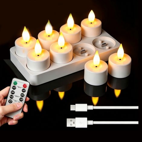 Bougies LED : lot de 8 bougies chauffe-plat rechargeables avec télécommande et minuteur effet flamme vacillante, autonomie de plus de 100 heures décorations pour les fêtes (1/5)