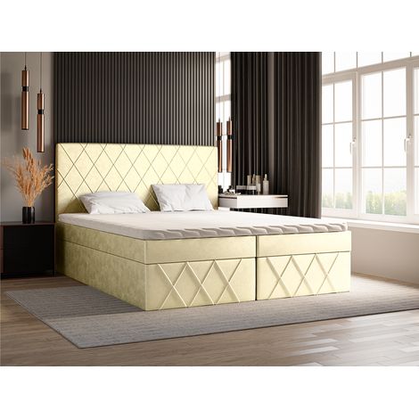 Emporius Lit continental 180x200 cm Pesto, lit en velours avec matelas, surmatelas et rangement, Beige (1/5)