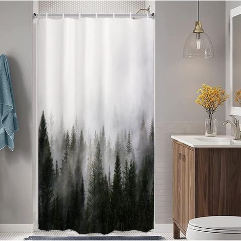 Rideau de douche Misty Forest Petite demi-taille 91,4 cm de large x 72 L, rideau de douche Nature Woodland, rideau de bain Secnic Fantasy Fog Magic Tree, rideau de douche d'automne, imperméable avec c (1/5)