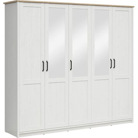 Armoire à cinq portes avec miroir, coloris Blanc pin andersen/Chêne clair - Longueur 240,5 x Profondeur 57,5 x Hauteur 220 cm (1/3)