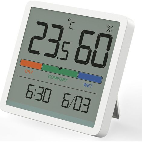 Hygromètre Thermomètre d'intérieur, thermomètre numérique de bureau avec moniteur de température et d'humidité, thermomètre d'ambiance à jauge d'humidité précise avec horloge (1/5)