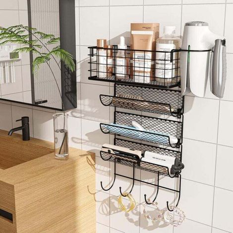 Support de Sèche-Cheveux Mural Organisateur 4 Étagères Panier en fil avec crochet, support résistant à la chaleur pour lisseurs de cheveux, parfums, porte de placard, salle de bain, cuisine (1/4)
