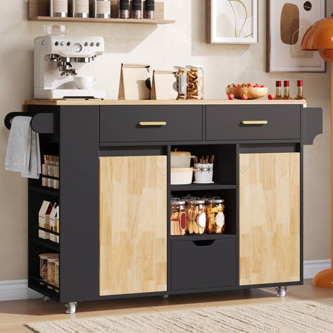 Isola da cucina mobile pieghevole 120 x 71 x 90 cm, 3 cassetti, ruote frenate DESVIAE (1/5)