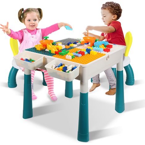 Wolketon Multifunktionaler Kinderspieltisch mit 2 Stühlen und 251 Bausteinen, Aktivitätstisch 51x51 cm für Kinderzimmer