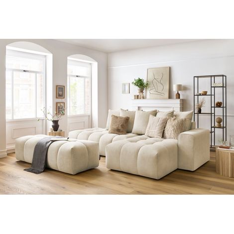 Bobochic – Canapé d'angle fixe velours beige avec pouf – 4 places – Longueur 313cm – Style moderne – Garnissage mousse HD et ouate (1/5)