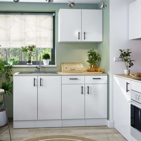 Pack de Muebles de Cocina Kira Modular en Blanco Brillo y Roble Canadian Fregadero 4 Módulos Puertas Cajones Estantes (1/4)