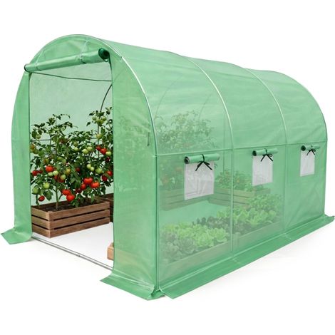 Invernadero de jardín tipo túnel con estructura metálica y cubierta de PE, 1 puerta y 6 ventanas Verde 200x300x200 cm (1/5)