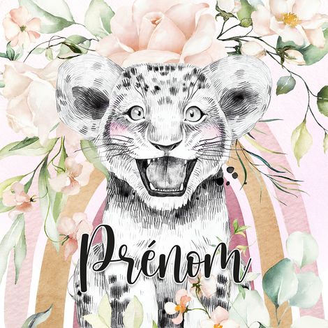 Papier peint panoramique enfant avec prénom personnalisable - Lion Fleurs - 130 cm x 130 cm (1/2)