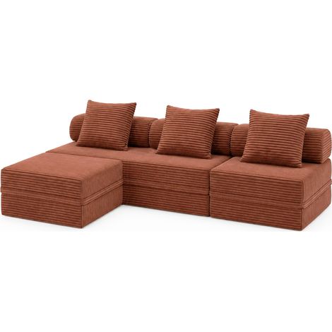 Sofá Modular 3+1+Puff Convertível Veludo Listado (1/4)