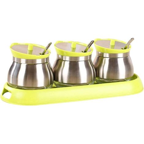 Étagère à épices, pots à épices, boîte à épices, récipient de rangement pour sel, poivre et sucre, pot à condiments, huilier avec couvercle et cuillère de service, acier inoxydable vert (1/4)