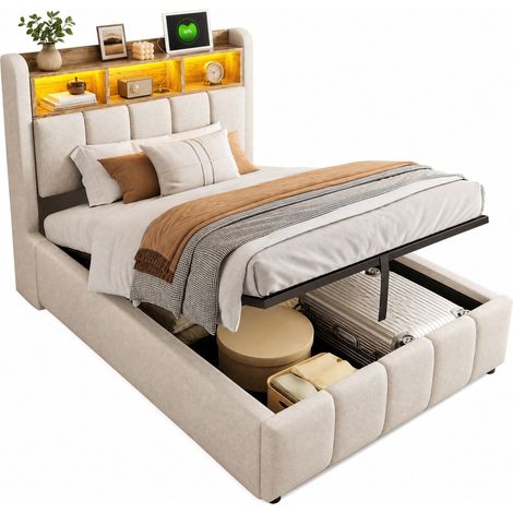 CHICFURN lit rembourre avec rangement et eclairage LED beige 90 x 200 cm (1/5)