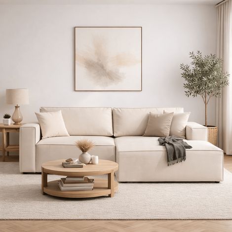 Schlafsofa aus beigem Stoff - mit Stauraum - rechtsseitig - 260 x