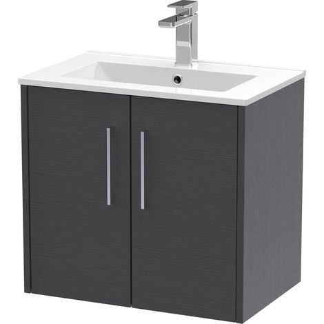 Winshill Contemporary 2 Door Wall Hung Vanity Unit with Minimalist Basin, Woodgrain Dark Grey, 600mm (1/4)