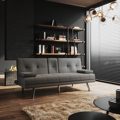 ELEGANT 3 Seater Sofa Bed Settee Recliner Couch Fabric Sofa Cover Click Clack Sofa Bed with Arms, Cup Holder, Chrome Legs, Grey 1820 x 880 x 830 mm (1/5)