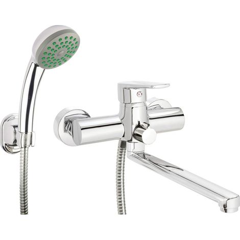 Rubinetto lavabo vasca montaggio a parete con set doccia finitura cromo - Rober