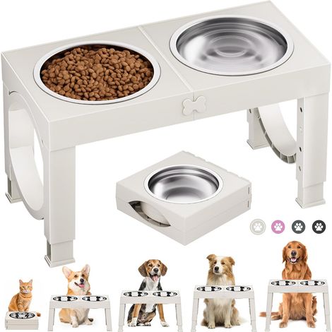 5 Height Adjustable Raised Dog Bowl with 2 x 1.5L Stainless Steel Bowls, Foldable, Non-Slip, Suitable for Small, Medium and Large Dogs, White (1/5)