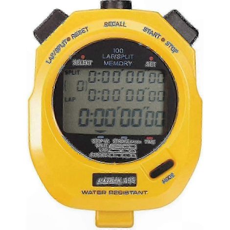 Chronomètre à mémoire double segment jaune pour un chronométrage précis et un suivi des performances.