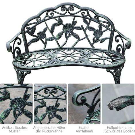 Banque de jardin 2 places en métal, banc rétro à motifs floraux, pour balcon terrasse jardin, capacité 240 kg, 100 x 54 x 78 cm, vert antique (1/5)
