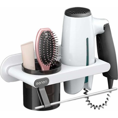 Soporte de pared para secador de pelo, soporte para secador de pelo con toallero, soporte multifuncional extraíble para secador de pelo para baño de 13 cm, 9 cm y 23 cm (blanco). (1/5)