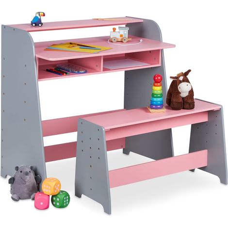 Relaxdays Kindertisch mit Sitzbank, 2 Fächer, höhenverstellbarer Kinderschreibtisch, HxBxT: 88 x 90 x 48 cm, rosa/grau