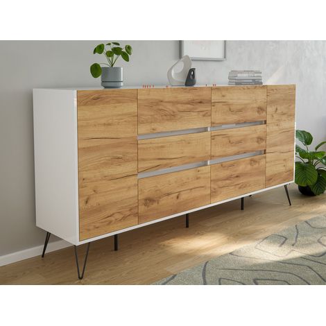 Sideboard Kommode Yako 200cm Greifraum 6 SoftClose 2 Türen Weiß/Eiche Front (1/5)