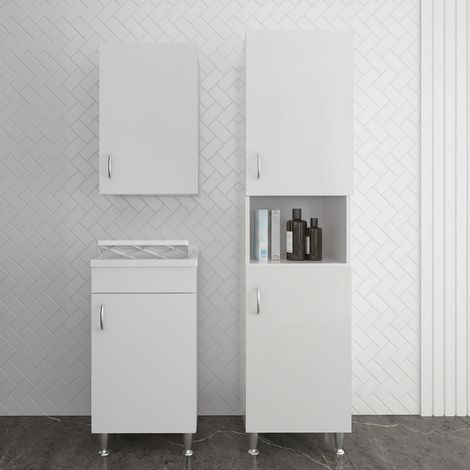 Set lavanderia con lavatoio colonna e pensile in legno bianco Fedra (1/5)