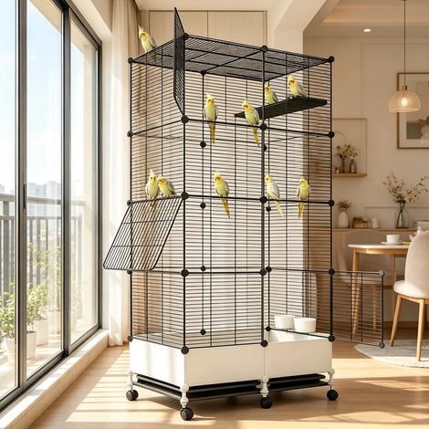 Grande Cage à Oiseaux sur Roues, Volière Intérieure avec Plateau Amovible, Support de Repos et Abreuvoir, Espace de Vie Confortable pour Perroquets, Canaris et Oiseaux Moyens (1/5)