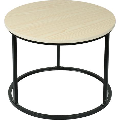 Table basse, table gigogne, Couleur bois, lot de 2, table d'appoint, Cadre noir, tables rondes avec motif en marbre, tables en bois, salon, chambre(60x60x45cm+40x40x38cm) (1/5)