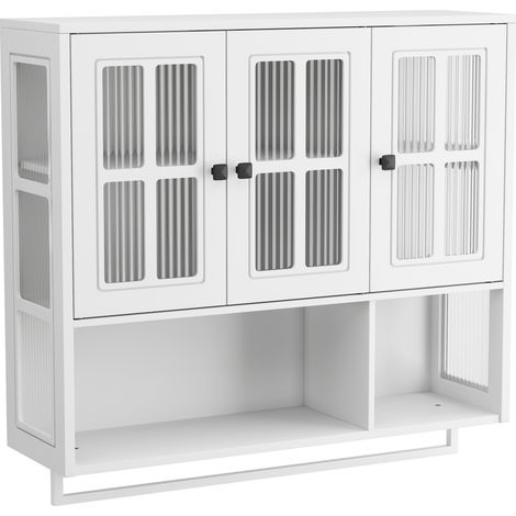 Mobile da parete per bagno bianco in MDF e vetro temperato, 3 ante con barra portasciugamani (1/5)
