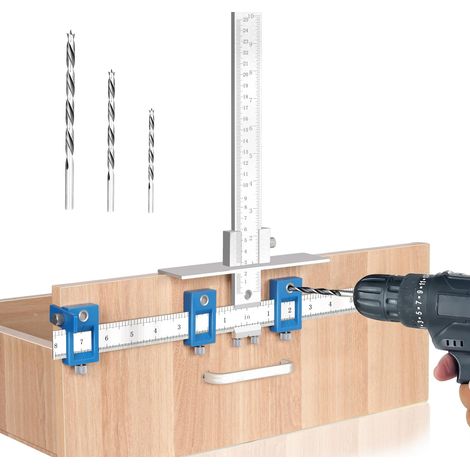 Gabarit de quincaillerie d'armoire, gabarit de poignée d'armoire en métal avec 3 forets à bois à pointe – Utilisation pour poignées, boutons de tirage sur tiroirs/portes, ensemble de guides de perçage (1/5)