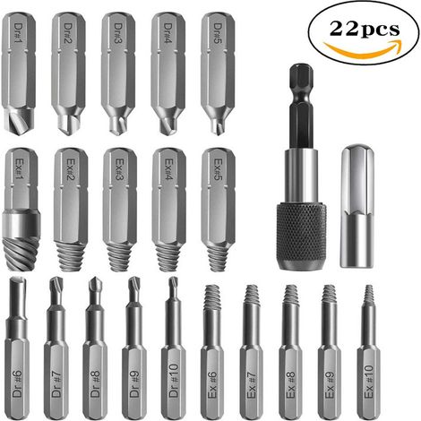 Kit d'Extracteur de Vis Cassé, 22 PCS Outils d'Extraction Améliorés en Acier Allié avec Mèches 2 Porte-embouts d'Extension Magnétique Adaptateur de Prise pour Boulon Endommagé, Noir (1/5)