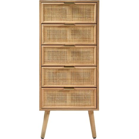 Calicosy – Chiffonnier 5 tiroirs en rotin naturel – Dimensions L36.5 x H100.5 cm – Pieds en pin massif – Meuble certifié FSC