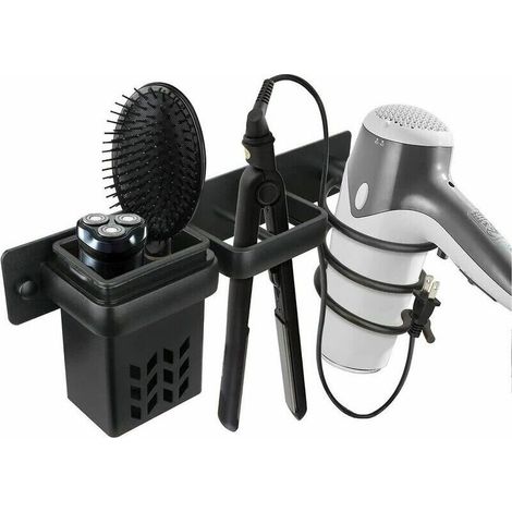 Aufbewahrungsset für Haartrockner und Glätteisen im Badezimmer, professionelles Wandhalterungs-Zubehör aus Aluminium, Ablage mit Löchern für silber-schwarze Haarglätter. (1/5)