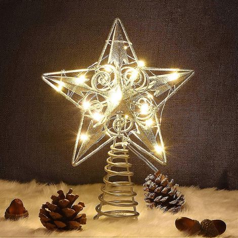 Sternförmiger Baumspitzen-Anhänger mit 20 LED-Lichtern, silberfarbene, beleuchtete Weihnachtsbaumspitze, 23 cm (9 Zoll) (1/4)