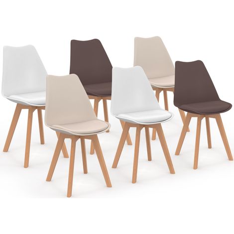 Idmarket – Lot de 6 chaises scandinaves – Dossier en polypropylène – Pieds en bois – Assise confortable – Couleurs taupe, beige et blanc