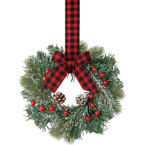Irovami Mini Couronne de Noël pour Placard – Motif Écossais Rouge et Noir, Baies et Nœud, 1 Pièce (1/2)