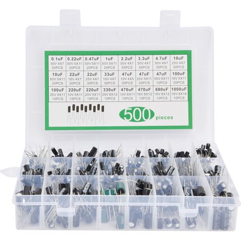 Lot de 500 condensateurs électrolytiques 0,1µF à 1000µF, coffret assorti portable pour écran LCD et radio (1/5)