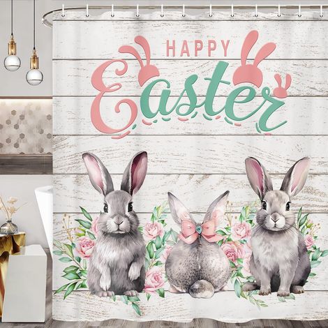 Duschvorhang mit Osterhasenmotiv, lustiger grauer Hase auf rustikalem Holzduschvorhang fürs Badezimmer, 180 x 180 cm (1/4)