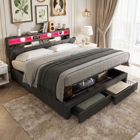 Superaly Lit coffre hydraulique 180x200 cm, Rangement dans la tête de lit, 2 Tiroirs, Éclairage LED, Tête de lit capitonné, Lit double adulte, Tête de lit réglable en hauteur, Lin, Gris foncé (1/5)