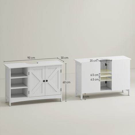 Meuble en bois (comprenant deux placards à portes et trois étagères ouvertes), dimensions : 90 x 30 x 60 cm, blanc (1/5)