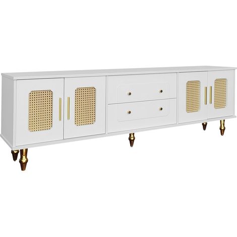 TV-Lowboard mit 4 PVC-Rattantüren und 2 Push-to-Open-Schubladen, Goldgriffe, Metallfüße, aus Spanplatte, Weiß, 175×38×55,5 cm (1/5)