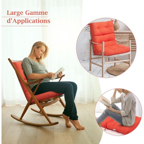 Coussin de Chaise à Dossier Haut avec Sangles en Corde Antidérapantes, Coussin Extérieur Patio Polyester Imperméable Chaise Longue Fauteuil(Orange) (1/4)