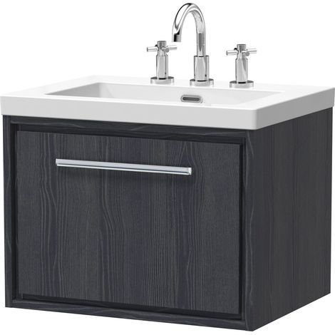 Longnor 1 Drawer Wall Hung Vanity Unit with 3 Tap Hole Modern Fireclay Basin, Woodgrain Graphite Grey, 600mm